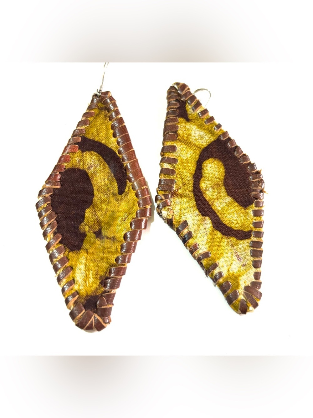 Handmade Yellow Brown Leather-Trim Teardrop Earrings